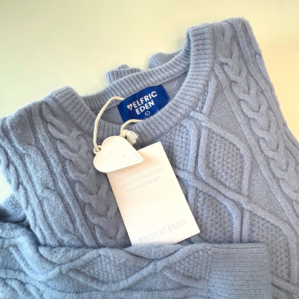 ELFRIC EDEN NEW Retro 90s Cable Knit Sweater L Lt Blue Fisherman Nautical Unisex